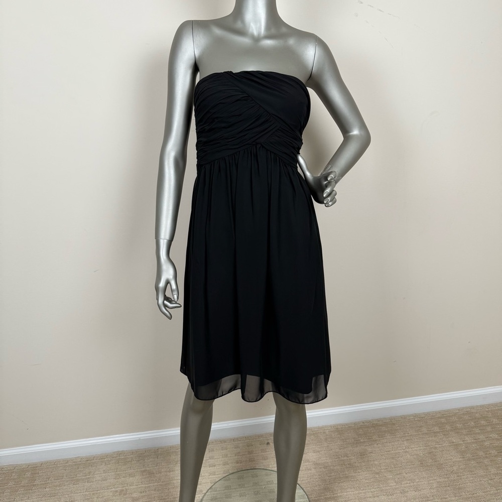 White House Black Market Elegant Black Strapless Chiffon Dress lined, ruched  0